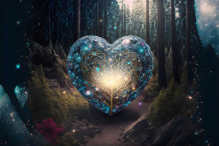 Un coeur flamboyant avec des formes géométriques sacrées au milieu d'une forêt